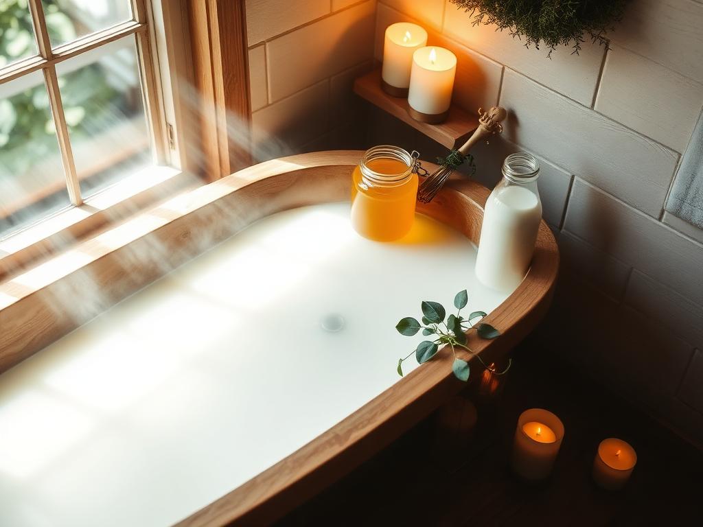 Warm rustic bath with raw milk, honey and herbs in natural light