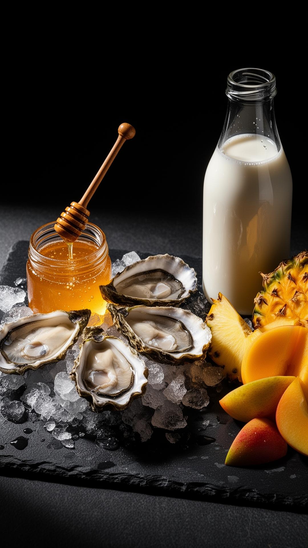Raw oysters, golden honey, ripe fruit and raw milk in dramatic editorial lighting