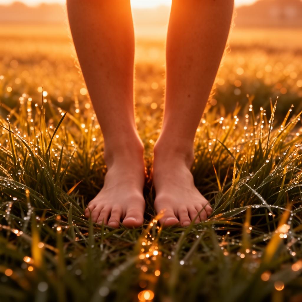 Bare feet in dewy grass at sunrise
