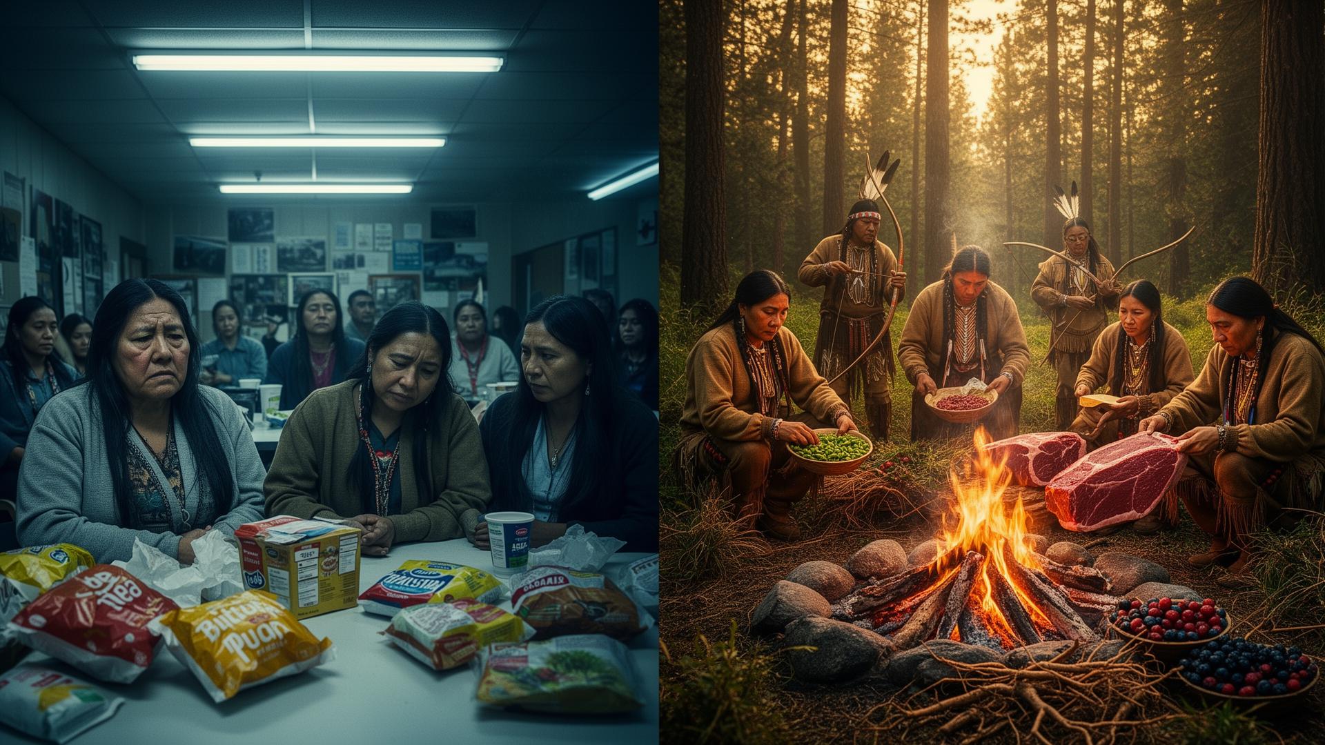 Split comparison of modern Native Americans in urban setting versus traditional Native Americans living in harmony with nature and natural food