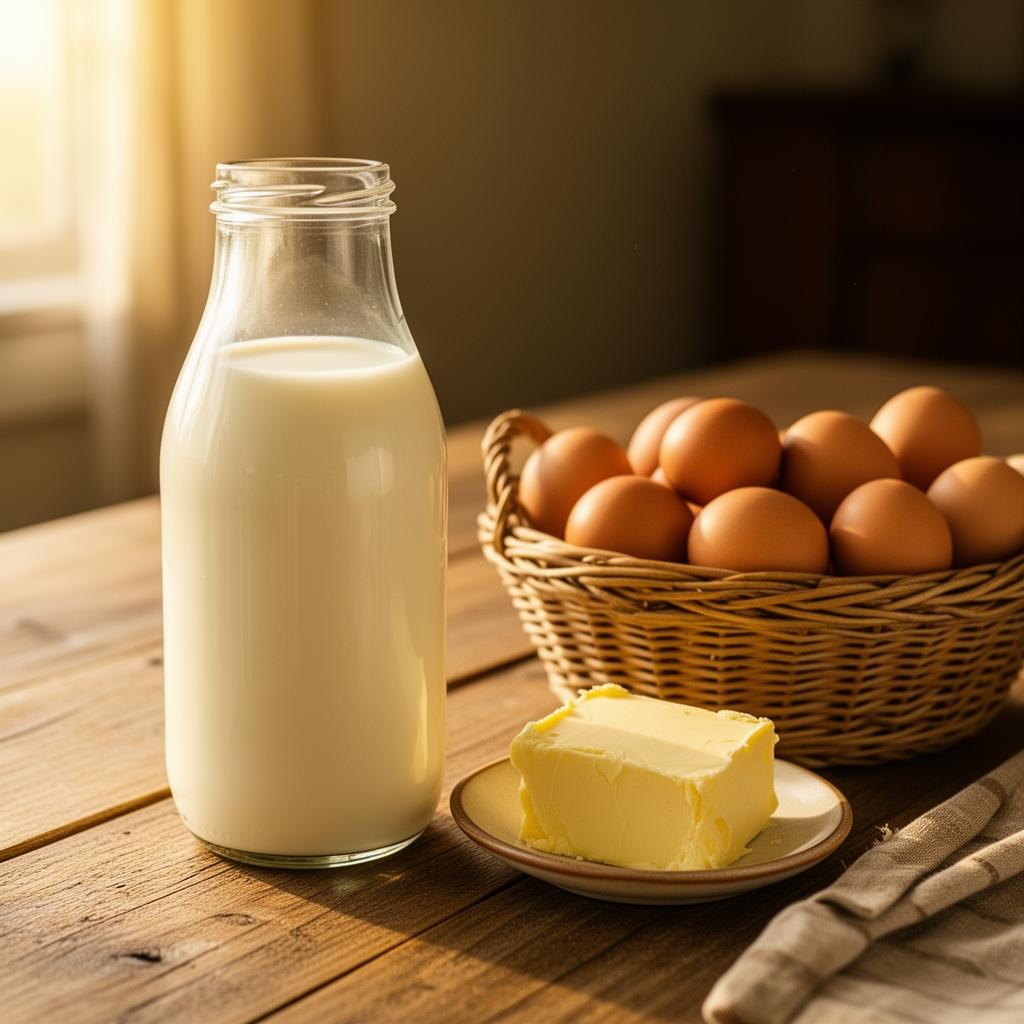 Glass bottle of raw milk with brown eggs and butter